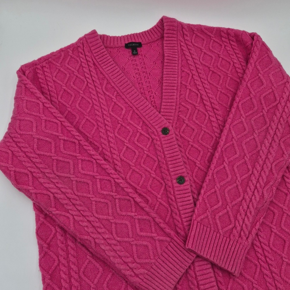 Talbots Womens Pink Cable Knit Cardigan Sweater V-Neck Wool Alpaca Blend Size M
